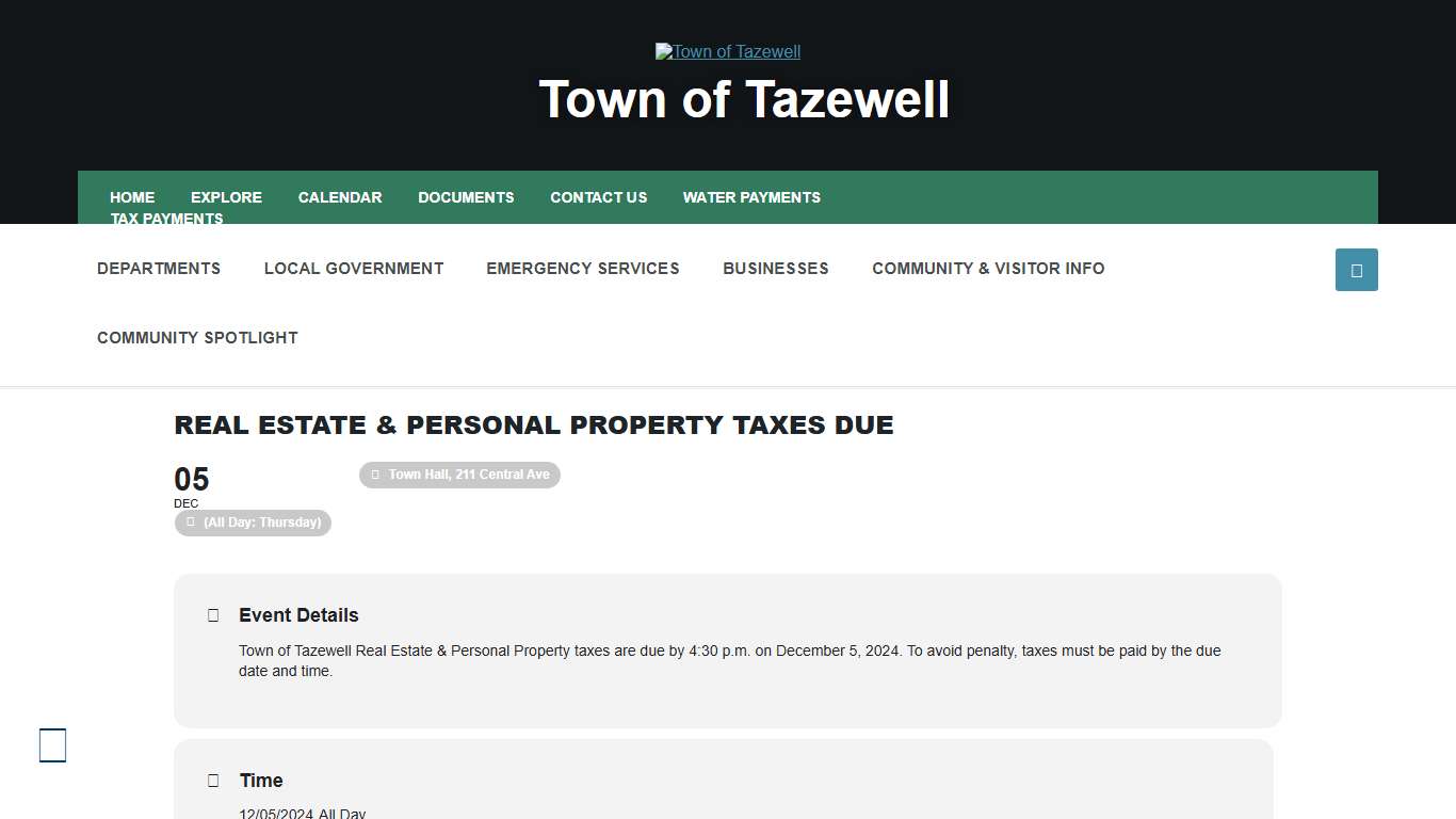 Real Estate & Personal Property Taxes Due – Town of Tazewell