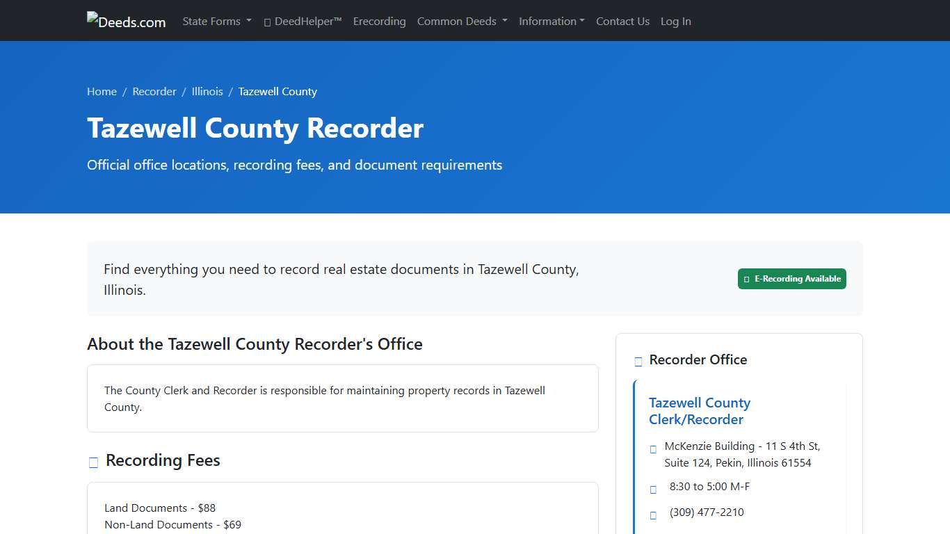 Tazewell County Recorder Information, Illinois - Deeds.com